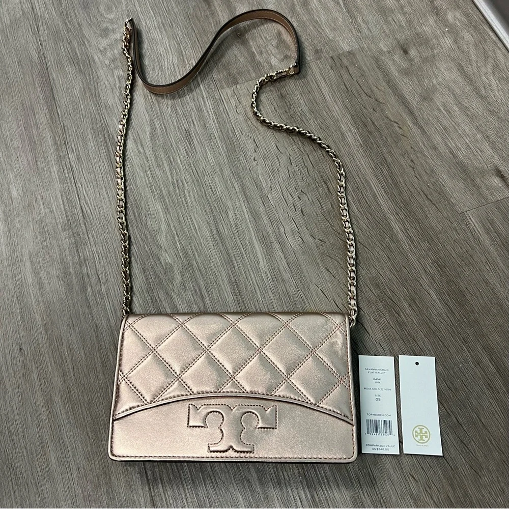 Tory Burch Savannah Chain Flat Wallet Rose Gold Crossbody Bag - Picture 2 of 11